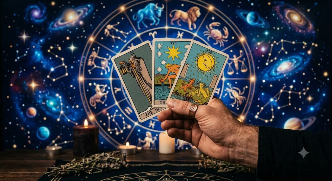 Consulta de tarot bajo el círculo zodiacal, con velas e incienso